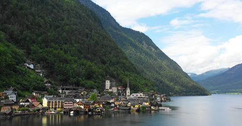 Scenic view of lake and mountains against sky