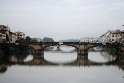 Arch bridge over river in city against sky