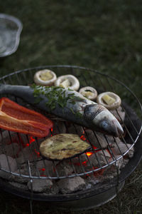 Full frame shot of fish and vegetables grilling outdoors