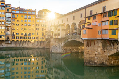 Buildings by river against sky in city