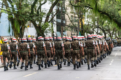 Soldiers of the army police are parading in the streets of salvador, on brazils independence day.