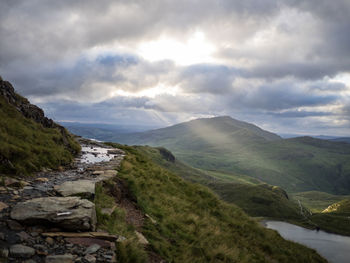 Scenic view of mountains against cloudy sky