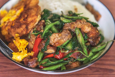 High angle view of food in plate on table