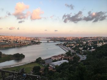 High angle view of townscape by river against sky