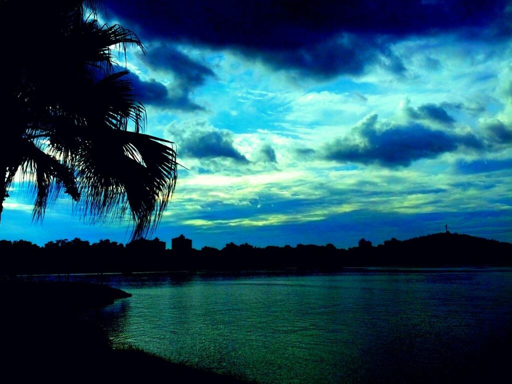 sky, water, tranquil scene, tranquility, scenics, cloud - sky, silhouette, beauty in nature, palm tree, tree, cloud, sea, nature, cloudy, waterfront, sunset, dusk, idyllic, reflection, lake