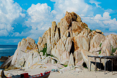 Panoramic view of rocks on beach against sky