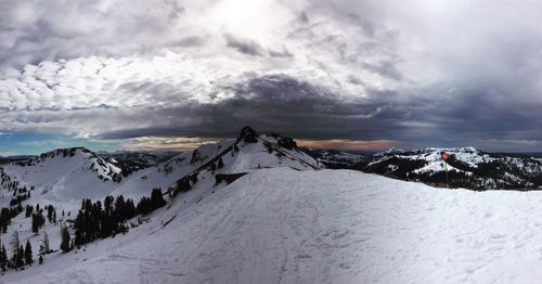 Panoramic view of snowcapped mountains against sky