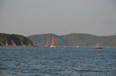 Sailboat sailing on sea against sky