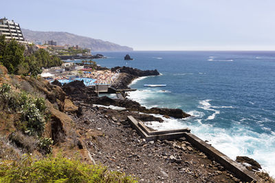 High angle view of sea against clear sky