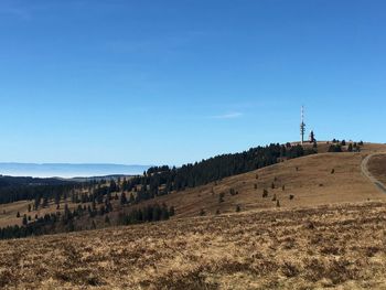 Scenic view of landscape against clear blue sky