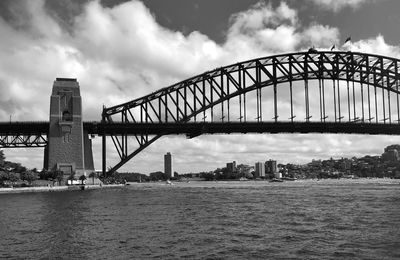 View of suspension bridge against cloudy sky