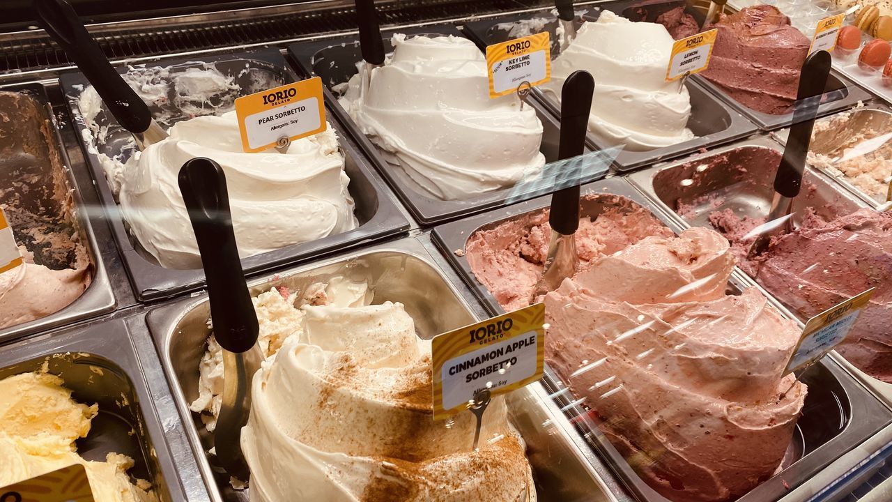 HIGH ANGLE VIEW OF ICE CREAM CONE AT STORE DURING WINTER