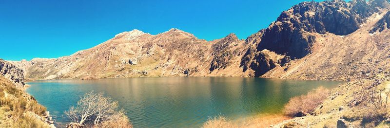 Panoramic view of lake and mountains against clear blue sky