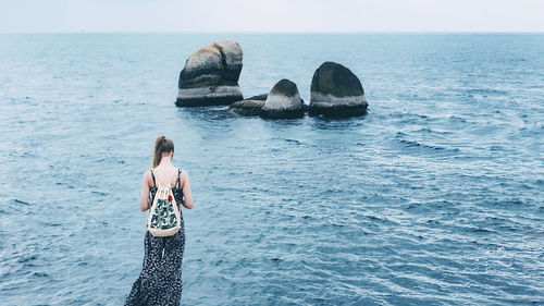 Rear view of woman on rock by sea against sky