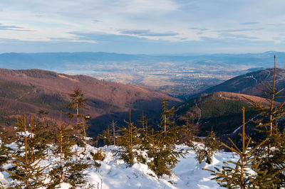 Scenic view of snowcapped mountains against sky