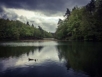 Scenic view of lake against cloudy sky