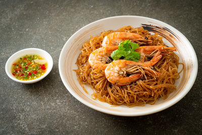 High angle view of food in plate on table