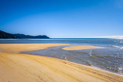 Scenic view of beach against clear blue sky