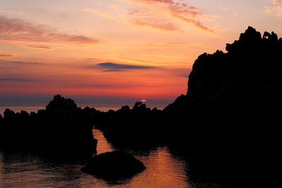 Silhouette rock formations against sky during sunset