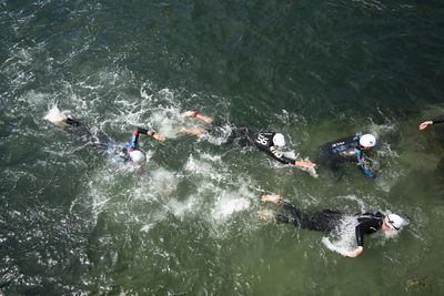 High angle view of people in a swim race in sea