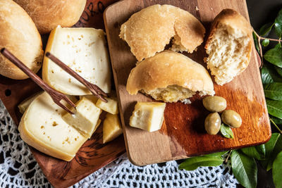 High angle view of bread on cutting board