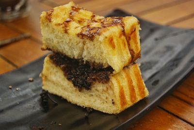 High angle view of bread in plate on table