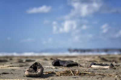 Surface level of rocks on beach against sky