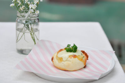 High angle view of breakfast served on table