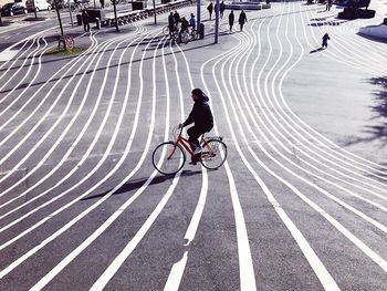 People riding bicycle on street in city