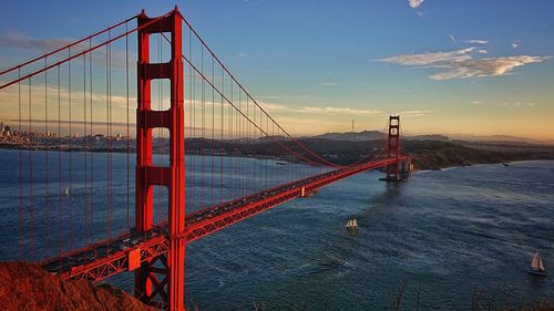 Golden gate bridge against sky during sunset