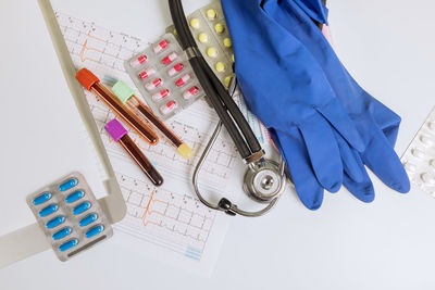 High angle view of medical equipment on white background