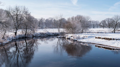 Scenic view of lake against sky during winter