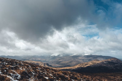 Scenic view of dramatic landscape against cloudy sky