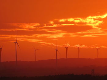 Wind turbines on landscape against orange sky