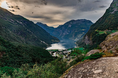 Scenic view of lake by mountains against sky