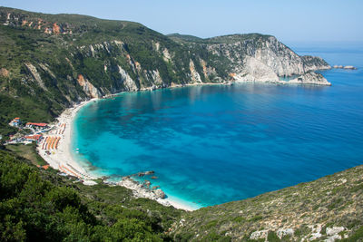 High angle view of bay against sky