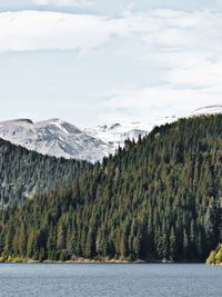 Scenic view of lake by mountain against sky