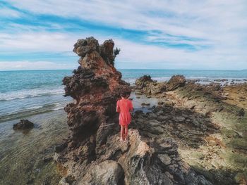 Rear view of woman looking at sea against sky