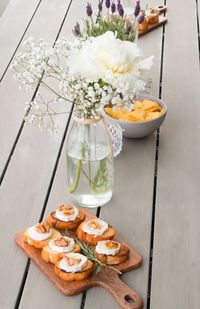 High angle view of food served on serving tray at table