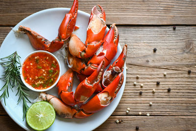 High angle view of seafood on table