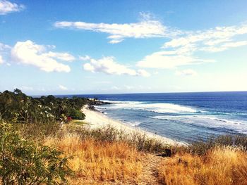 Scenic view of sea seen from grassy cliff against sky