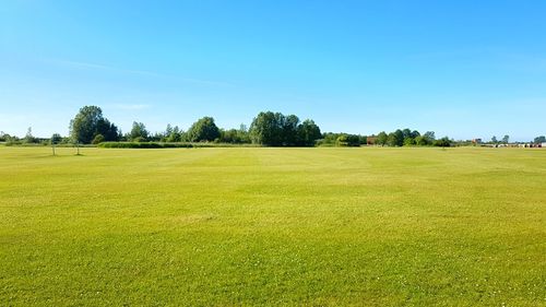 Scenic view of golf course against clear sky