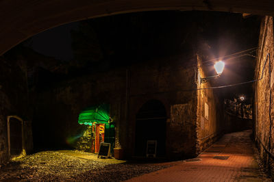 Illuminated street light by building at night
