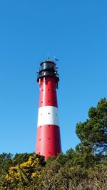 Lighthouse by sea against clear blue sky