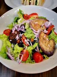 High angle view of salad in plate on table