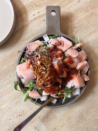 High angle view of food in bowl on table