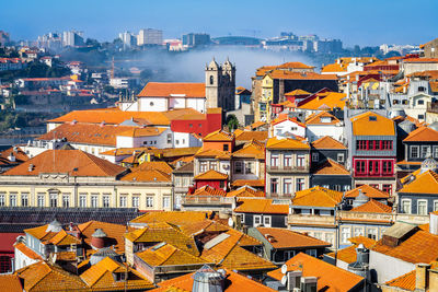 High angle view of buildings in city