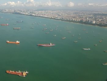 High angle view of boats in sea