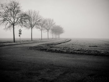 Road by bare trees on field against sky