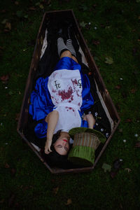 High angle view of woman sitting on grass